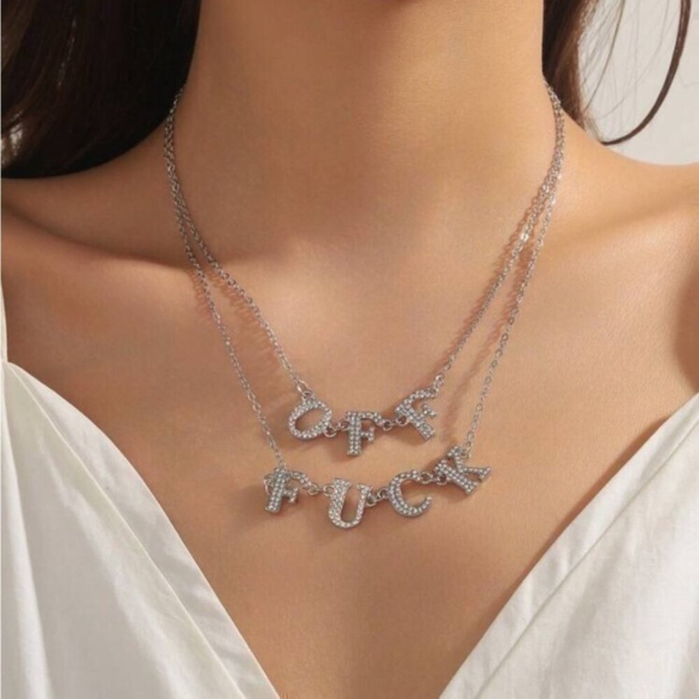 Silver Rhinestone Decor Multi-Layer F*uck Off Necklace
